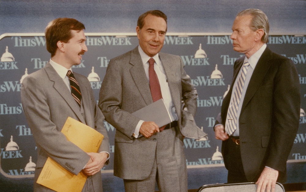 Walt Riker and Senator Bob Dole with journalist David Brinkley on the set of ABC's The Week. Walt Riker Collection, Dole Archives.