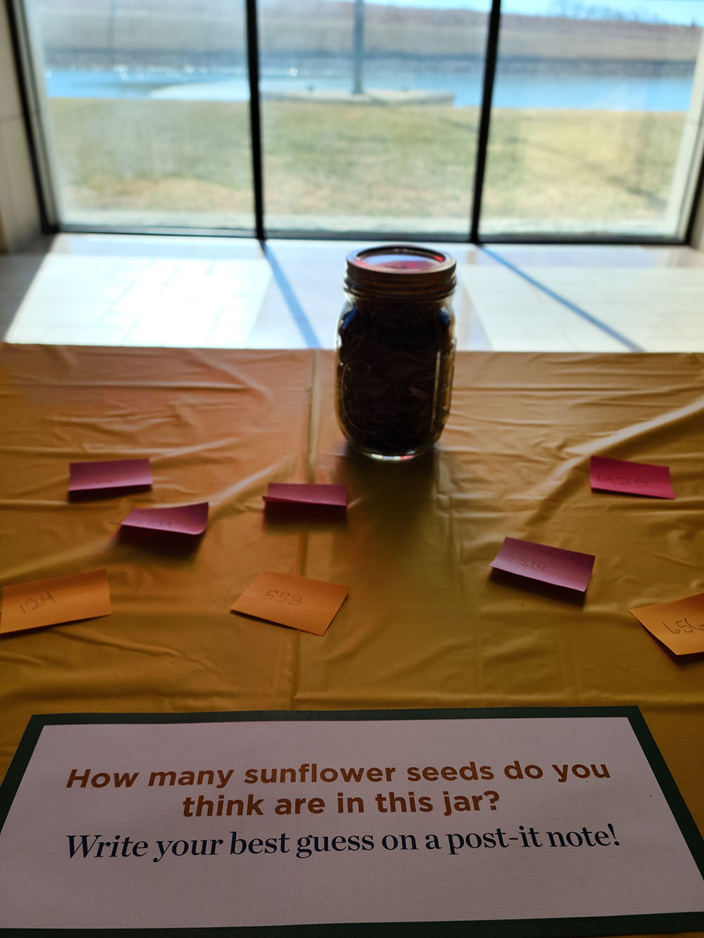 Jar filled with sunflower seeds has a sign in front of it which reads How many sunflower seeds do you think are in this jar? Write your best guess on a post it note!