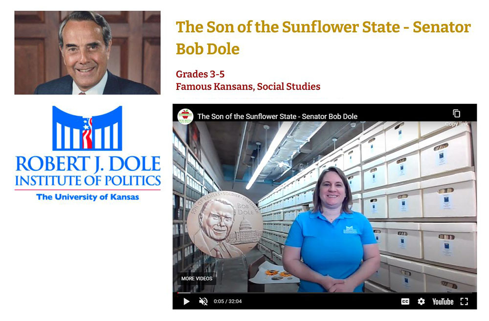 Edventure video banner shows Bob Dole, the Dole Institute of Politics logo, and a YouTube video featuring Julie Clover. Banner text reads The Son of the Sunflower State, Senator Bob Dole. Grades 3 to 5. Famous Kansans, Social Studies.