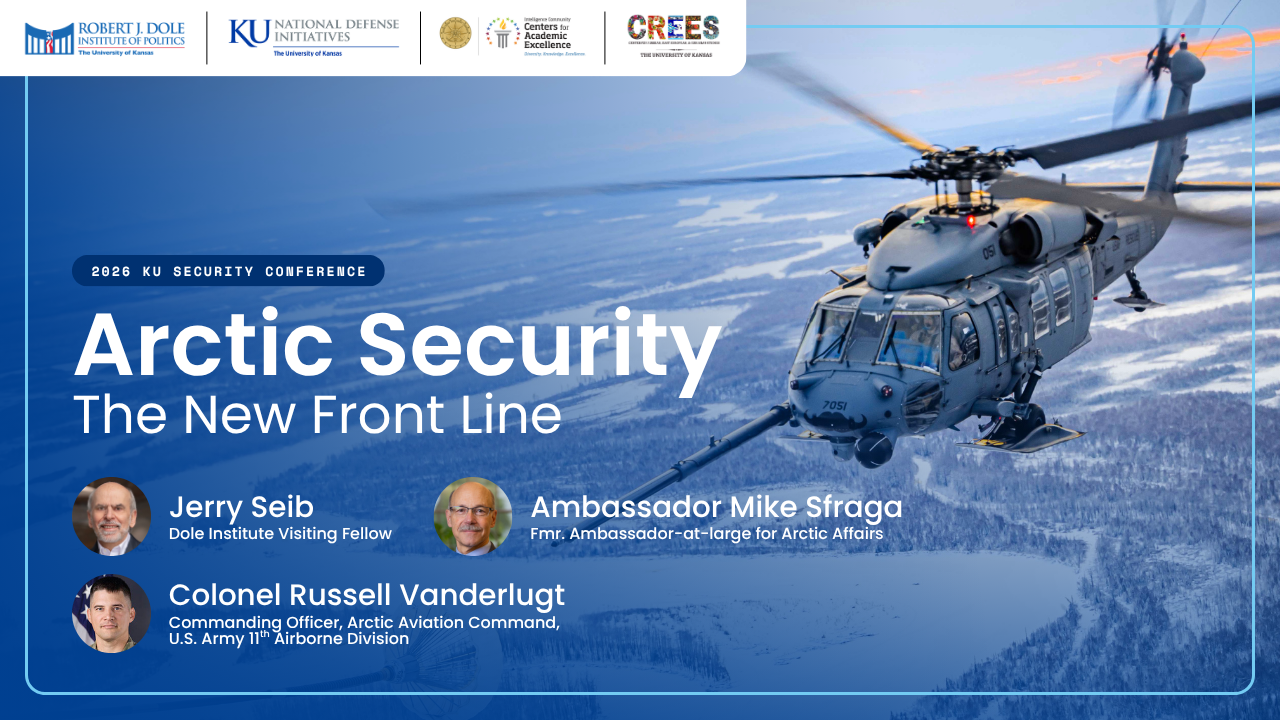 Image of a U.S. military helicopter flying over an arctic tundra. Text reads Arctic Security: The New Front Line.